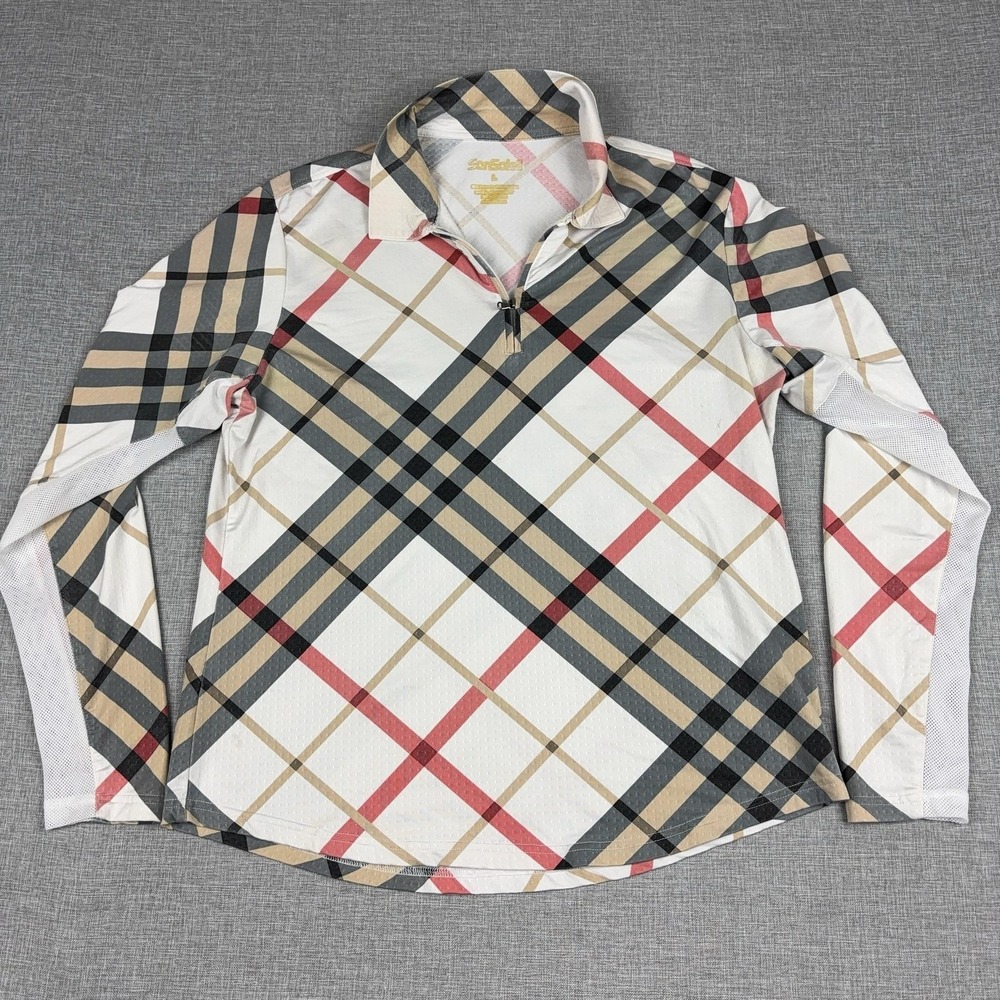 SanSoleil Golf Shirt Womens L Plaid 1/4 Zip Long Sleeve Performance Nova Check